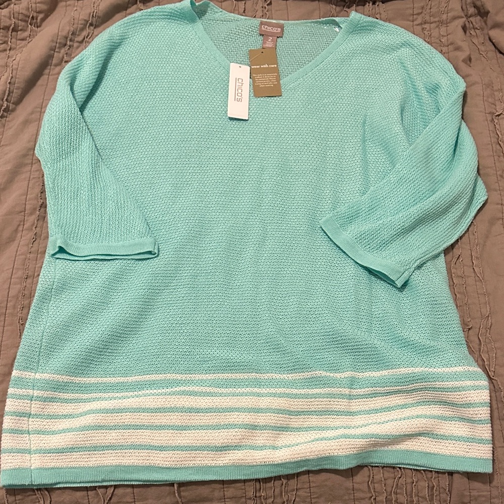 Chico's Aqua V-Neck Sweater with Stripes